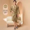 Men's dark green pinstripe bathrobe with mid-length cut and three-quarter sleeves - M / Male Style / Mustard Green