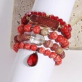Bohemian stackable multi-layer bead bracelet set with red natural stones and tassel charms - Red