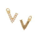 Golden letter V necklace pendant with white pearls and textured metal finish - Letter V