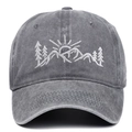 Vintage dark gray washed cotton baseball cap with white mountain and sun embroidery - Gray