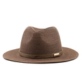 Detail of dark brown straw sun hat featuring a leather band with a golden metal buckle - 58cm / Brown