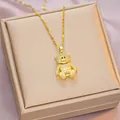 Golden titanium steel necklace featuring a sparkling rhinestone teddy bear pendant - 6051 Pave Bear / Gold