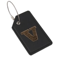 Black faux leather luggage tag featuring a gold embossed letter V with steel cable ring - Letter V