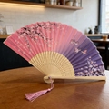 Pink and purple gradient folding fan with cherry blossom patterns and pink tassel - Style 54 (New Style)