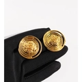 Vintage style round gold button earrings with layered concentric design on black silk glove - Gold (768)