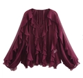 Detail of burgundy chiffon blouse showing tiered ruffles, V-neck, and lantern sleeves - XS / Burgundy