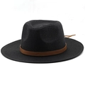 Close-up of black wide brim straw hat with brown textured faux leather decorative band - M(56-58cm) / Black