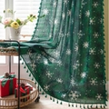 Dark green Christmas curtain with white snowflake patterns and elegant tassel trim - Rod Pocket / 150x91cm