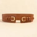 Brown elastic wide waist belt for dresses with double golden buckles and leather details - 19679 Camel 65cm