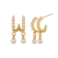 U-shaped gold pearl earrings with micro-pearl rows and round pendants on white background - Double U-Shape Pearl