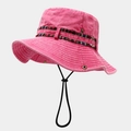 Detail of pink cotton bucket hat with ethnic band and adjustable windproof cord - Rose Red