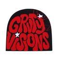 Detail of black knit beanie featuring red spider web pattern and white stars embroidery - 4-Black with Red Letters
