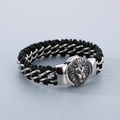 Men's braided leather and silver steel chain bracelet with a lion head charm - Silver Lion Head