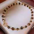 Tiger eye beaded necklace with gold textured spacers and pavé zircon ring clasp - 5# Gold-Coffee-Real Gold Plated