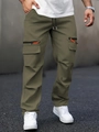 Men's olive green cargo pants with multi-pockets and orange zipper details in a loose fit - S / Army Green