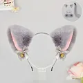 Handmade plush grey cat ear headband set with pink inner fur and bell bow details - One Size / Folded Ear Ding-Dong - Grey