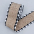 Detail view of rustic faux linen ribbon with black and white checkered edges for DIY crafts - Edge Black and White Plaid / 6.5cm*5 Yards