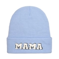 Detailed view of light blue knit beanie featuring MAMA towel embroidered lettering - Sky Blue