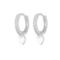 Silver hoop earrings with sparkling zircon stones and a polished heart-shaped pendant - Silver - White