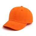 Detail of orange cotton baseball cap showing six-panel structure and breathable eyelets - Orange