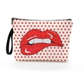 Borsa da trucco in tela bianca con pois rossi e labbra pop art con cinturino nero e zip - 17*25cm (Lino) con Cinturino / Pois Labbra Rosse (Stile 1)