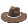 Detail view of dark brown wide-brim fedora with white leather strap and silver buckle - M(56-59CM) / Brown (Suede)
