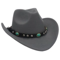 Detail van grijze vilt cowboyhoed met zwarte lederen band, zilveren klinknagels en turkoois - M (56-58cm) / Grijs (Cowboy Turkoois)