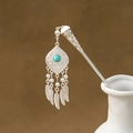 Silver hollow hair pin with turquoise bead and dangling metal feather charms - Hollow Turquoise Feather Tassel (F221)