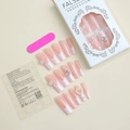 Detail of pink French press-on nails with 3D roses, pearls and adhesive tabs set - Pink White Gradient 3D Bow Pearl Saturn Style(XA-61-37)