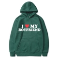 Dark green hoodie with white I Love My Boyfriend print and red heart graphic - S / Top (I Love My Boyfriend) / Dark Green