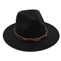 Close-up of black wool fedora featuring a beaded band with a golden feather metal accent - Black (Gold Feather)