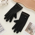 Gants tactiles noirs en suédine avec bordure dorée ondulée et nœud en strass chic - Papillon Strass Double Dentelle - Poil de Lapin Noir