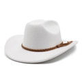 Cappello fedora bianco in feltro con cinturino in pelle intrecciata marrone, vista a 45° - M (56-58cm) / Bianco