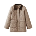Close-up of quilted khaki jacket with contrasting brown corduroy collar and button details - XS / Khaki