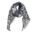 Close-up of gray and white leopard print scarf with soft fringe edges and boucle texture - Leopard Black