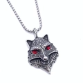 Detail of silver wolf head pendant with red gemstone eyes and matching metal chain - Style K Wolf Head Pendant With 60CM Chain