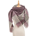 Winter checkered knit scarf in purple and grey tones with soft fringed tassels - 135x135cm / Purple