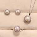 Exquisite freshwater pearl jewelry set with zircon halo in premium beige velvet gift box - Three-Piece Set