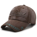 Vintage washed dark brown baseball cap with Woodland embroidery and blue brim text - Adjustable / Coffee