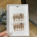 Cat eye press-on nails in brown gradient with rhinestones and metal accents size M - Star Orbit (Brown White Cat Eye Gradient)