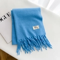 Thick blue cashmere-style scarf with fringe and a minimalist woven label flat lay - 24# Azure / Over 175cm