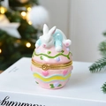 Pink egg-shaped ceramic jewelry box with gold floral hinge and rabbit topper - Pink Easter Egg Rabbit 5.3*8cm