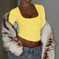Y2K Gelbes eng geschnittenes bauchfreies Langarmshirt mit Karree-Ausschnitt und Strass - S / Gelb