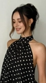 Elegant halter neck dress in black and white polka dot chiffon with pleated neckline - XS / Black with White Polka Dots