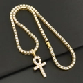 Collana tennis dorata con ciondolo a croce Ankh decorato con perle e cristalli lucidi - Croce Ankh Dorata + Catena Tennis 40cm