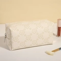 Beige embossed PU leather makeup bag with gold floral patterns and metal zipper - Small Rectangular (X-208) / 19x9x10.5cm (75g) / Cream