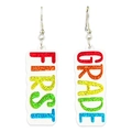 Detailed macro of First Grade rainbow glitter lettering on white acrylic earrings - 9-First Grade-Hook