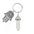 Detail of Hamsa Hand charm and clear hexagonal crystal pillar on silver keychain - White Crystal