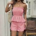 Women's pink striped two-piece set featuring a ruffle tube top and matching shorts - S / Red