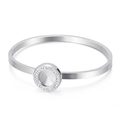 Detail shot of silver stainless steel cuff bracelet with a crystal-encrusted round plate - Steel Color (KLJ5748-Z)